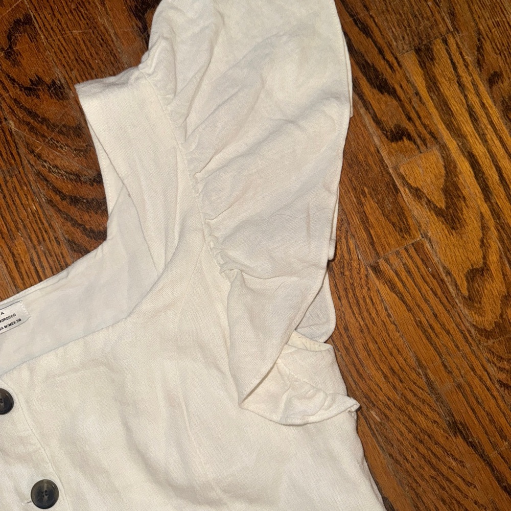 Zara White Square-Neck Ruffle Sleeve Button Crop Top - Picture 5 of 15
